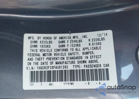 2015 Honda Accord Lx z USA, uszkodzony, nr VIN 1HGCR2F3XFA081285